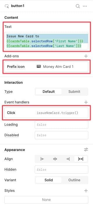 Set button's event handler to trigger the issueNewCard Resource Query