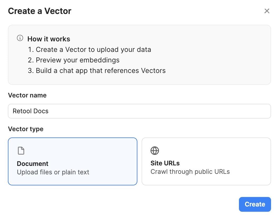 Retool Vectors is a managed vector store to build custom AI-powered search for any of your business data.