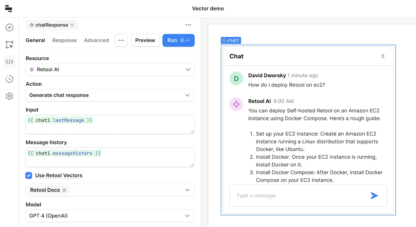 Create an AI-powered chat app by dragging a chat component onto the canvas, selecting an AI model (gpt-4), and using Retool Vectors with Retool’s product documentation as a source of ingested information.
