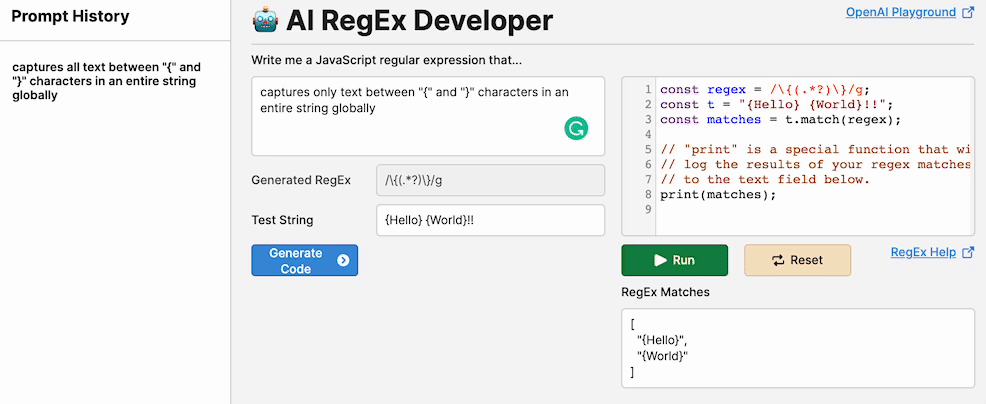 Showing off the AI RegEx Developer tool