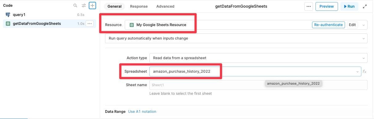 Selecting the Google Sheets Resource created earlier