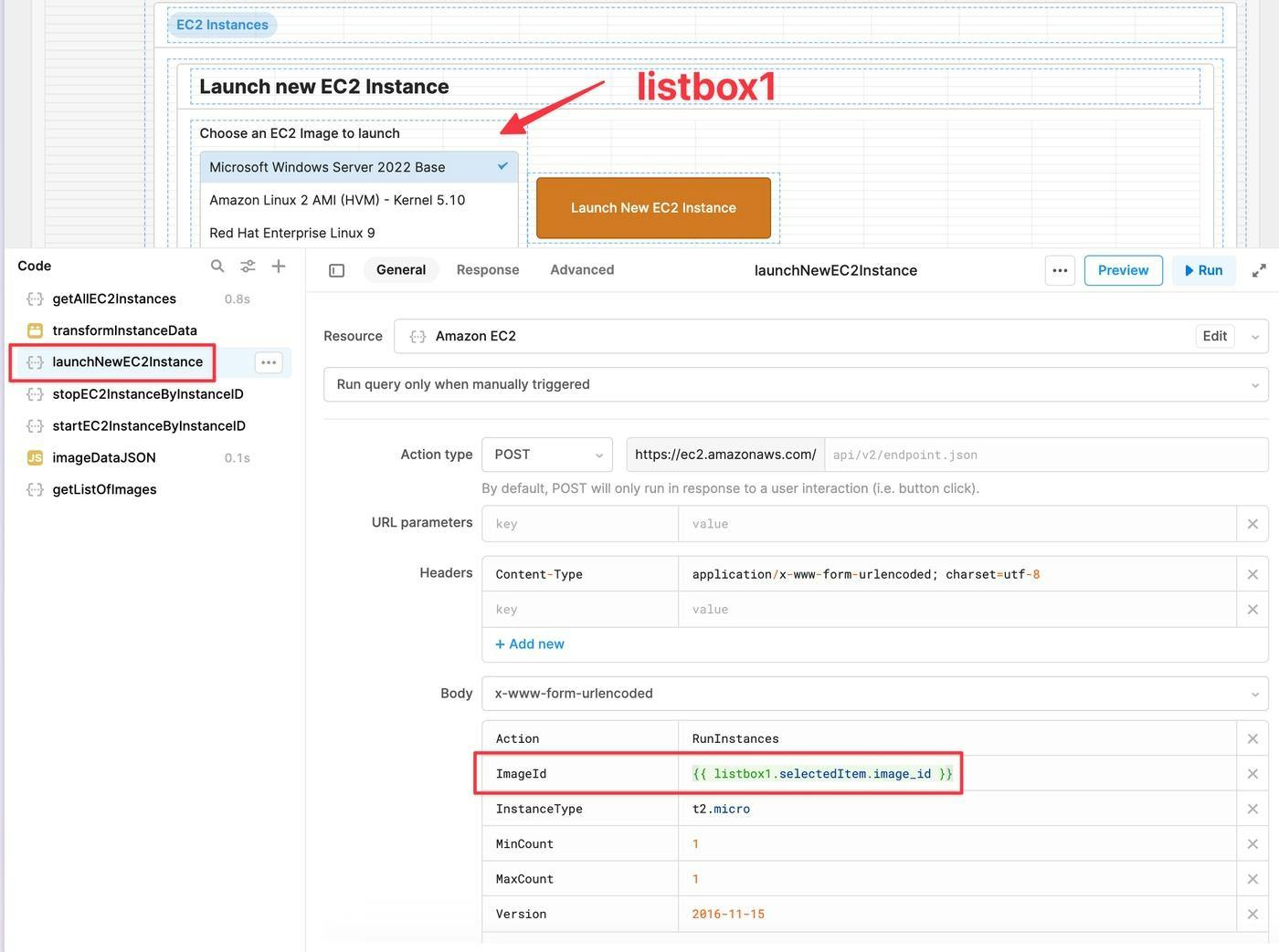Reference the image selected in the Listbox to launch a new EC2 instance