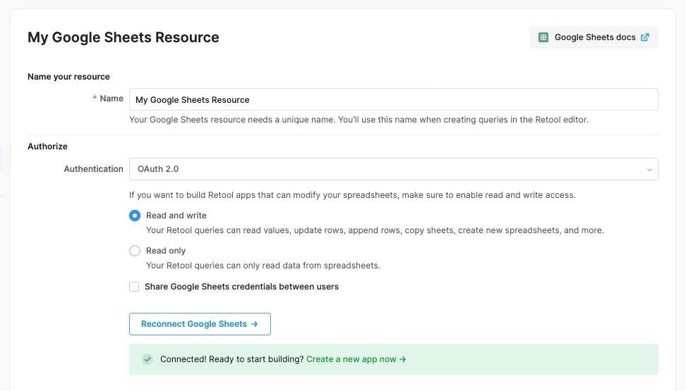 Creating a Retool resource for the Google Sheet that contains your Amazon purchases