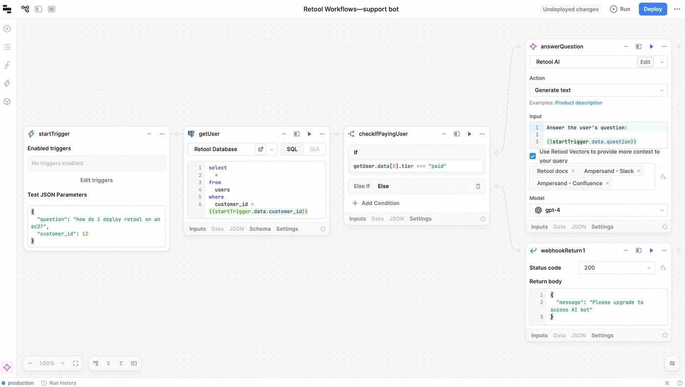 Chain together business logic, data connectors, and dynamic prompts in Retool Workflows, a visual workflow builder.